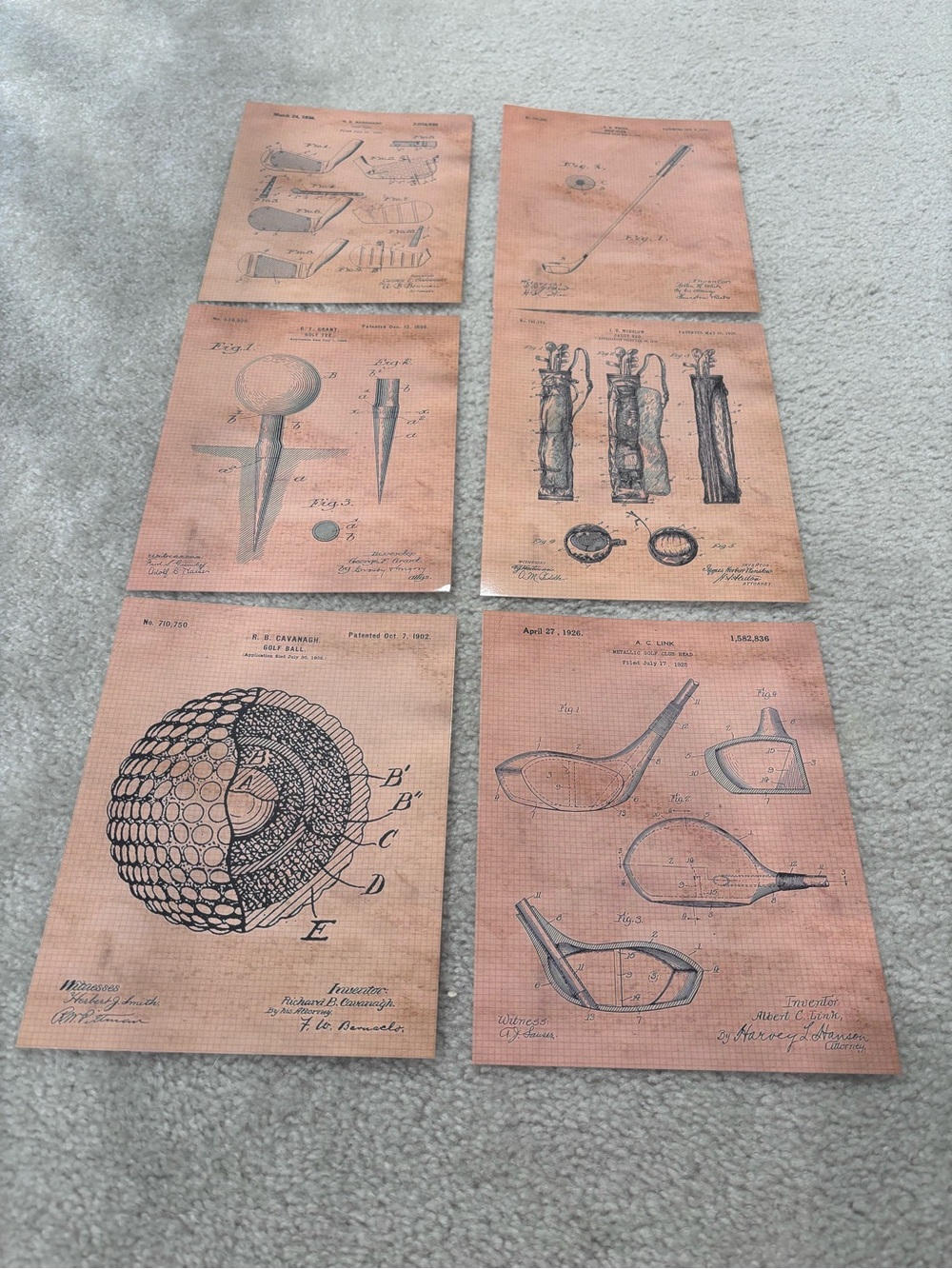 6 Vintage Patent Art Prints - Golf Patent Illustrations in Sepia
